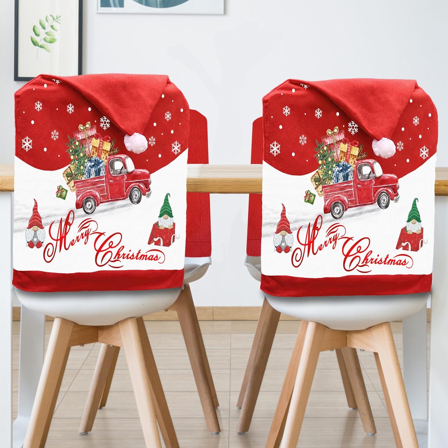 Christmas Chair Covers Set of 4, Christmas Chair Back Covers, Santa Hat Chair Covers, Christmas Decorations Indoor Chair Covers for Dining Room, Christmas Kitchen Decor Dining Room Chair Covers